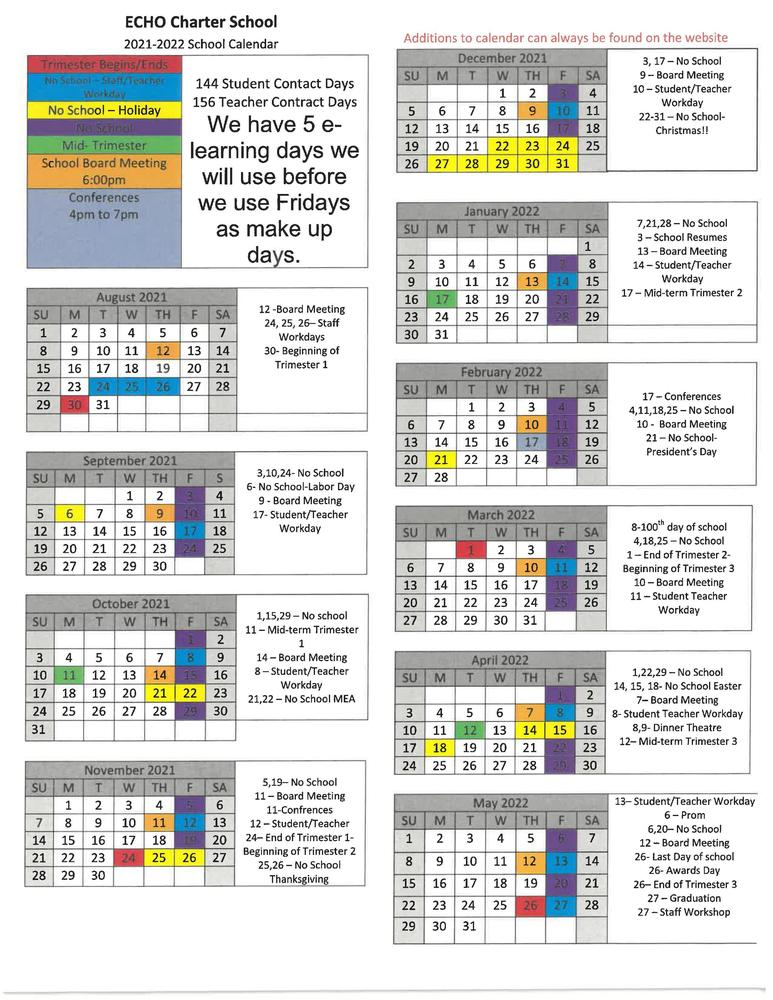 Updated 2021 22 School Calendar E C H O Charter School