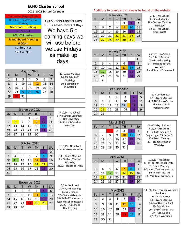 Updated 2021-2022 School Calendar