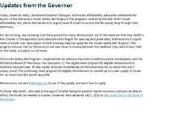 Update from Governor on Insulin Safety Net Program